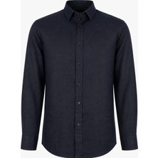 HC MEN CLASSIC Erkek Keten Gömlek Modern Fit Siyah Gizli Düğmeli Yaka