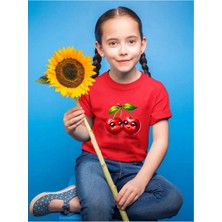 Widi Sevimli Kiraz Baskılı Çocuk %100 Pamuk Kırmızı T-Shirt