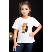 Widi Sevimli Çift Sevgili Ayı Tedy Cool Ayıcık Baskılı %100 Pamuk Erkek Çocuk Kız Çocuk Beyaz T-Shirt