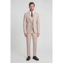 HC MEN CLASSIC Erkek Yelekli Takım Elbise Modern Fit Bej Düz
