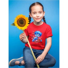 Widi Sevimli Mavi Çiçek Baskılı Çocuk %100 Pamuk Regular Fit Kırmızı T-Shirt