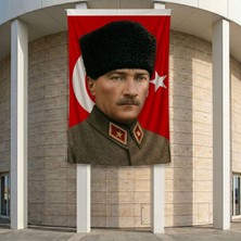 Askeri Üniformalı Atatür ve Türk Bayrağı Poster Bayrak Premium Raşel Kumaş ATA80 2X3M