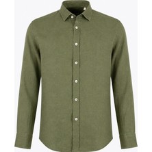 HC MEN CLASSIC Erkek Keten Gömlek Modern Fit Yeşil Gizli Düğmeli Yaka