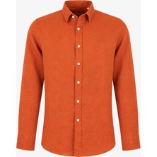 HC MEN CLASSIC Erkek Keten Gömlek Modern Fit Turuncu Gizli Düğmeli Yaka