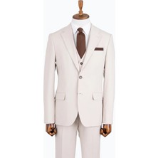 HC MEN CLASSIC Erkek Bej Mono Yaka Modern Fit Yelekli Takım Elbise