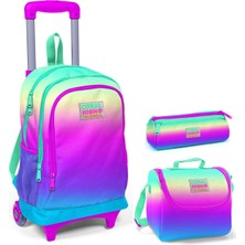 Coral High Pembe - Yeşil - Mavi Kız Çocuk Çekçek Çanta Seti - Rengarenk Işıklı Tekerlekler
