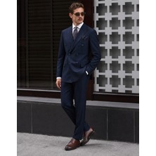 HC MEN CLASSIC Erkek Lacivert Kruvaze Takım Elbise Comfort Fit Sivri Yaka Minimal Dokulu