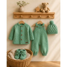Handmade %100 Pamuk Bebek Takımı 4’lü Set Hırka Tulum Patik Şapka Antialerjik 6-12 Ay Mint Yeşil
