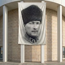Siyah Beyaz Kalpaklı Atatürk Portresi Poster Bayrak Premium Raşel Kumaş ATA30 2X3M