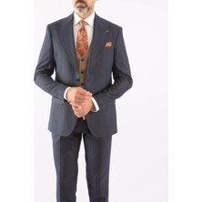 HC MEN CLASSIC Erkek Yelekli Takım Elbise Modern Fit Lacivert Çizgili