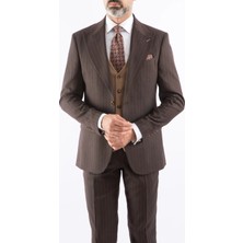 HC MEN CLASSIC Erkek Yelekli Takım Elbise Modern Fit Kahverengi Çizgili