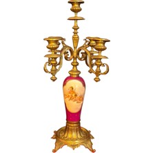 TT 42 cm Boyunda Fransız El Boyama Bronz Detaylı Porselen Şamdan