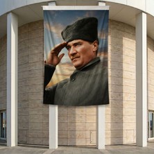 Selam Veren Ulu Önder Gazi Mustafa Kemal Atatürk Poster Bayrak Premium Raşel Kumaş ATA63 2X3M