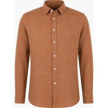 HC MEN CLASSIC Erkek Keten Gömlek Modern Fit Camel Gizli Düğmeli Yaka