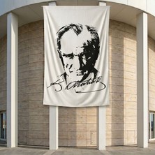 Siyah - Beyaz Mustafa Kemal Atatürk Silüeti ve Imza Poster Bayrak Premium Raşel Kumaş ATA28 2X3M