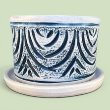 AdenArtpottery Toprak Saksı Beyaz Mavi Desenli Delikli Dekoratif Altlıklı Saksı 20*15 cm