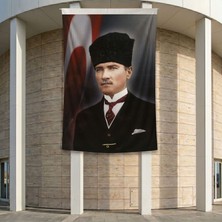 Kalpaklı Mustafa K.atatürk ve Türk Bayrağı Poster Bayrak Premium Raşel Kumaş Ata4 2X3M