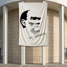 Siyah - Beyaz Mustafa Kemal Atatürk Silüeti ve Imza Poster Bayrak Premium Raşel Kumaş ATA27 2X3M