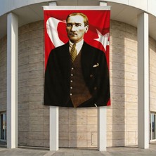 Takım Elbiseli Sivil Gazi Mustafa Kemal Atatürk Portre Ay Yıldız Poster Bayrak Premium Raşel Kumaş ATA40 2X3M