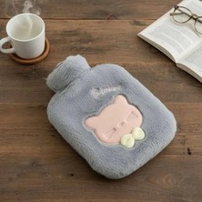 Peluş Kılıflı Su Torbası, Sevimli Kedi Figürlü, Gri, Yumuşak Dokunuşlu