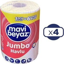 Mavi Beyaz Havlu, Dev Boy Kağıt Havlu, 4'lü Paket, 1 Dev Rulo = 6 Normal Rulo