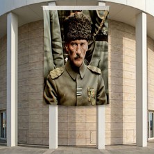 Kalpaklı Üniformalı Atatürk Poster Bayrak Premium Raşel Kumaş ATA54 2X3M