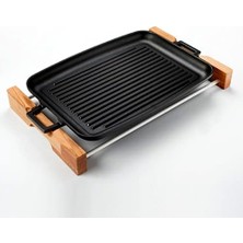 Döküm Grill Tepsi, Izgara Yüzeyli, Metal Kulplu, Ahşap Standlı, 31X42CM