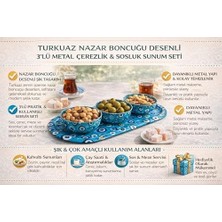 Turkuaz Nazar Boncuğu Desenli 3’lü Metal Çerezlik ve Sosluk Sunum Seti, Dayanıklı Baskılı Servis Tepsili Kahvaltılık, Atıştırmalık ve Lokumluk Kase Takımı, Modern Dekoratif Sofra Sunum Ürünü