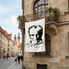 Punto Dizayn Siyah - Beyaz Mustafa Kemal Atatürk Silüeti ve Imza Poster Bayrak Premium Raşel Kumaş ATA28