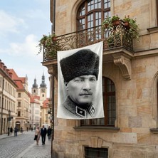 Punto Dizayn Siyah Beyaz Kalpaklı Atatürk Portresi Poster Bayrak Premium Raşel Kumaş ATA30