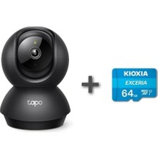 C211 2k 3mp Yatay ve Dikey Ev Güvenliği Wi-Fi Kamerası, Gece Görüşü, IP66 Su Geçirmez, Siyah Renk + 64GB Kioxia Microsd Bellek