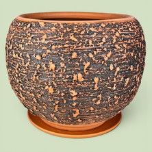AdenArtpottery Toprak Saksı Siyah Dokulu Delikli El Yapımı Altlıklı Büyük Boy 28*30 cm