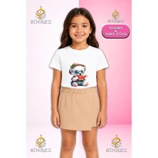 Sinrez Kız Çocuk Takım Ayıcık Beyaz Karpuz Yıyen Baskılı Kısa Kol Tişört Şort Etek