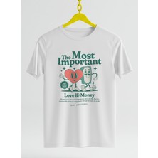 Ontunew Love And Money Baskılı Retro Vintage Standart Kalıp Bisiklet Yaka Pamuklu Kadın ve Erkek Tshırt