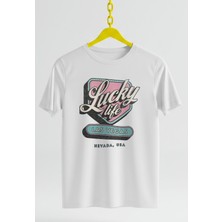 Ontunew Lucky Life Las Vegas Baskılı Retro T-Shirt Vintage Standart Kalıp Bisiklet Yaka Pamuklu Kadın ve Erkek Tshırt