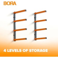 Portamate Ahşap Organizatör ve Kereste Depolama Metal Raf, 4 Seviyeli Duvar Montajlı, Iç ve Dış Mekan Kullanımı PBR-0410