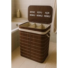 Lüks Bambu 3 Bölmeli Çamaşır Kirli Sepeti 52X32X60CM Büyük Boy 100 Lt (Kahverengi)