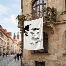 Punto Dizayn Siyah - Beyaz Mustafa Kemal Atatürk Silüeti ve Imza Poster Bayrak Premium Raşel Kumaş ATA27