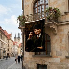 Punto Dizayn Kalpaklı Mustafa Kemal Atatürk Portresi Poster Bayrak Premium Raşel Kumaş ATA70