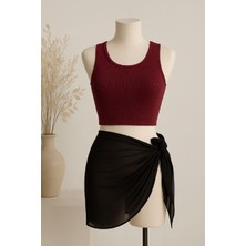 Bnchic Kadın Bordo Yuvarlak Yaka Crop ve Siyah Pareo 2'li Set