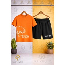 Sinrez Çocuk Unisex Sunny Boy Beyaz Baskılı Bisiklet Yaka Tişört - Şort Takım