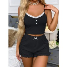Bnchic Siyah Likralı Düğmeli Yumuşacık 2li Pijama Takımı