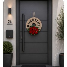 Yetsel Design Hoş Geldiniz Yazılı Kırmızı Güllü Hasır Kapı Süsü (34 cm El Yapımı)