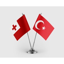 Punto Dizayn Tonga Bayrağı ve Türk Bayrağı Ikili Saten Masa Bayrağı Takımı