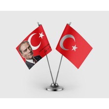 Punto Dizayn Gazi Mustafa K. Atatürk ve Türk Bayrağı Ikili Saten Masa Bayrağı Takımı