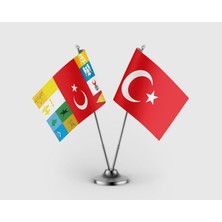 Punto Dizayn Türk Devletleri ve Türk bayrağı İkili Saten Masa Bayrağı Takımı