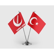 Punto Dizayn Yeniden Refah Partisi ve Türk Bayrağı İkili Saten Masa Bayrağı Takımı