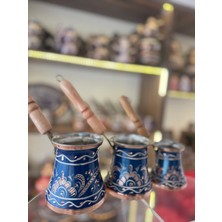 UltraMint Bakır Cezve Takımı Üçlü Set, Siyah Gümüş Işlemeli, Mavi Detaylı
