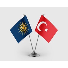 Punto Dizayn Eski Makedonya Imparatorluğu ve Türk Bayrağı Ikili Saten Masa Bayrağı Takımı