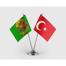 Punto Dizayn Yeşil Osmanlı Arması Bayrağı ve Türkiye Bayrağı İkili Saten Masa Bayrağı Takımı